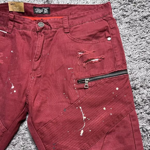 Square Zero Jeans Mens 36x33 Red Denim Distressed Biker Slim Paint Zipper Logo - Picture 3 of 16